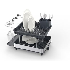 Joseph Joseph Extendable Dish Drying Rack with Dual Parts - Stainless Steel, Non-Scratch, Movable Utensil Drainer & Drainage Spout, Gray