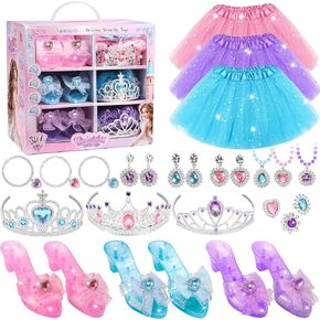 Princess Dress Up Toys, Jewelry Boutique Kit, 3 Color Skirts, Shoes, Crowns, Girls Toys for 3 4 5 6 Year old