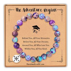 Kindergarten Graduation Gifts – Elegant Imperial Jasper Bracelet with Compass Charm, Perfect for Girls Class of 2025, Stretchable Design, Includes Funny Graduation Box & Bless Card