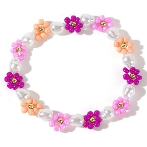 Cute Flower Pearl Beaded Stretch Bracelet for Women,Handmade Boho Colorful Flower Bracelet Statement Summer Jewelry Birthday Gift Friendship