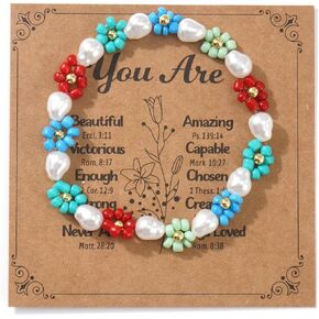 Cute Flower Pearl Beaded Stretch Bracelet for Women,Handmade Boho Colorful Flower Bracelet Statement Summer Jewelry Birthday Gift Friendship in Kuwait