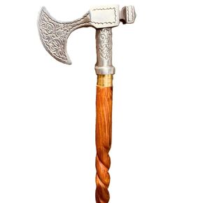 Antique Axe Head Brass Walking Stick/Cane - Premium Steampunk Handmade Engraved Silver Head Wooden Walking Stick With Premium Handle For Men, Women, Hiking, Camping,Senior
