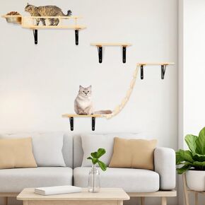 Cat Wall Shelves - Set of 5 Cat Wall Furniture, Cat Shelves and Perches for Wall, Indoor Cat Climbing Shelf with 2 Cat Food Bowls, 1 Bridge Ladder & 3 Cat Wall Steps