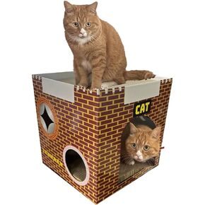Cardboard Cat House with 2 Story Scratch Pads,Cat Play House for Indoor Toy, Scratch and Grind Claws, 12.5x12.5x12.5 Inch for Cats (RED)