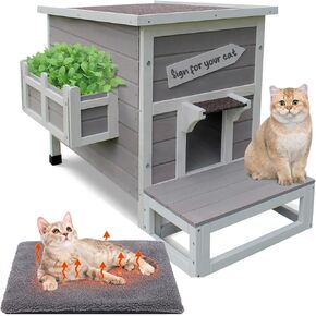 Rockever Outdoor Cat House, Large Outdoor Houses for Feral Cats Wooden Outside Cat Shelter Weatherproof with Escape Door