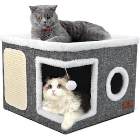 Cat Beds for Indoor Cats, Large Cat Cave Bed with Scratch Pad and Fluffy Ball, Foldable Cat Hideaway, Cat House with Reversible Cushion for Multi Small Pet Up to 30LBS, Grey