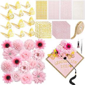 Wavwavw 43 PCS DIY Graduation Cap Decorations Kit, Grad Cap Decorations Included Faux Flowers 3D Butterfly Self Adhesive Rhinestones Stickers Alphabet Letter Stickers for Grad Party Decor(White)