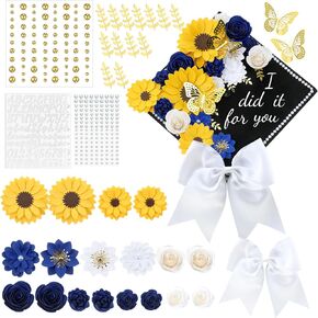 36 Pcs DIY Graduation Cap Decorations Kit, 3D Artificial Flowers Butterfly Stickers Rhinestones Letter Number Decals Golden Leaves White Bow for 2025 Grad Cap Hat Decorations Party Supplies
