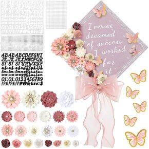 MotiMind 46 Pcs DIY Graduation Cap Decorations Kit Included Paper Flowers, 3D Butterfly Stickers, Rhinestone, Letter, Pearl Stickers, Mesh Ribbon Bow for DIY Grad Cap Decor(Pink)