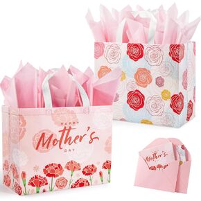 YANGTE 2 Pack 13" Large Mothers Day Gift Bags with Tissue Paper, Reusable Non-Woven Mothers Day Bag with Handle, Elegant Mothers Gift Wrap Bags for Presents, Floral Gift Bags with Cards for Woman, Mom