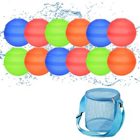 Reuseable Silicone Water Balloons 12 Pack with Mesh Beach Bag, Self Sealing Silicone No Magnets, Quick Fill (Blue)