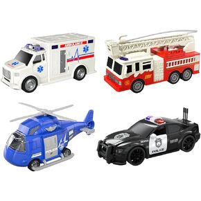 Emergency Vehicle Toy Playsets 4 Pack, Toddler Trucks Rescue Toys for Boys Age 3-5, Ambulance Car Fire Truck Play Police Car Helicopter with Light and Sound Christmas Birthday Gifts for Boys Girls