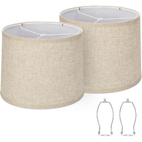 Lampshades Set of 2, Drum Lampshades 11.6" Top x 12.6" Bottom x 9.8" High, Seaside village Medium Lampshades (Spider Fitter), Beige Lampshades Natural Linen Hand Crafted, Easy Assembly Required