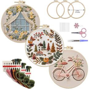 AEDNX 3PC Beginner Embroidery Kits, DIY Cross Stitch Kit for Adults, Includes 3 Embroidery Hoops, Detailed Instructions, and Accessories