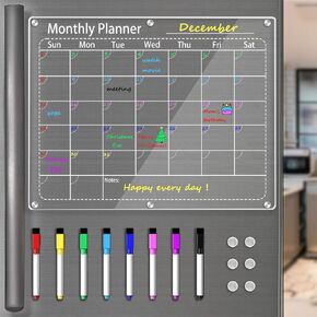 Clear Monthly Calendar Planning Board for Refrigerator, Acrylic Magnetic Dry Erase Planning Board Calendar for Fridge, Includes 8 Colors Magnetic Dry Erase Markers