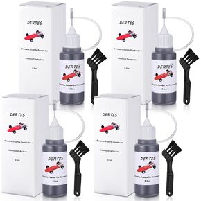 4 Pack Pinewood Car Graphite Powder, 0.5oz Each with Needle Tip & Cleaning Brushes – Dry Lubricant for Derby Car Wheels, Axles, Locks, Hinges, and More