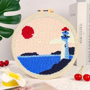 Punch Needle Kits Adults Beginner DIY Hawaiian Style 8 in Hoop Embroidery Set Starter Punch Needle Tool for Art Crafts, Ideal for All Ages, Perfect Festival Decoration & Gift (Summer Beach)
