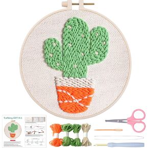 Louise Maelys Embroidery Punch Needle Kits for Beginners,Cactus Pattern Craft Set,DIY Cross Stitch Kit for Adults Starters,Rug Handle Pen,Hoop,7.87x7.87 Inch Fabric Cloth,Yarns