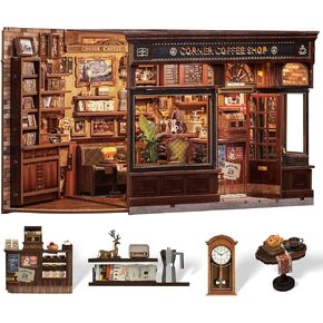Cutefun Book Nook Kit, DIY Miniature Dollhouse Booknook Kit for Adults and Teens, Tiny House Bookshelf Insert Decor with LED Light, Gifts for Family and Friends (Corner Coffee Shop)