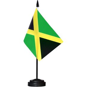 مجموعة العلم المكتبية Deluxe Anley Jamaica - 6 × 4 بوصات مصغرة علم المكتب الجامايكي مع عمود صلب 12 بوصة - لون زاهي ومقاوم - قاعدة أسود وقمة رمح