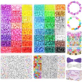 Gionlion 4200pcs Bony Beads for Bracelet Making Kit ، 48 Colour Kandi Beads Squelet Kit ، 2500pcs Rainbow Candy ، 1700pcs striefts strifts beads with 20 meter strings for Jewelry Making