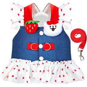 Small Dog Harness and Leash Set Denim Cat Harness Dress for Puppy Clothes for Girls Pink Dog Birthday Dress French Bulldog Harness with Strawberry Bear Decoration