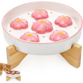 Coloch Elevated Ceramic Slow Feeder Cat Bowls, Raised Pet Food Bowl with Anti-Slip Bamboo Stand Anti Vomiting Slow Feeding Dish High-Edged Cat Bowl for Dry and Wet Food, for Cats, Small Dog