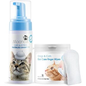 Mooncat bundling cat grooming حزمة - لا شامبو رغوة الشطف (5 أوقية) + مناديل إصبع الأذن Cat (40ct) | لعق آمن ، حمام جاف ومتوازن للأسفاطرة عليهغ للقطط الحساسة ، يزيل شمع الأذن والأوساخ ، PET DAILY H