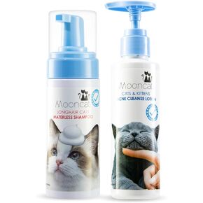Mooncat Complete Cat Skin & Coat Care Bundle – Waterless Cat Shampoo (5oz) + Cat Acne Chin Treatment Lotion (150ml) | Licking Safe, Detangling Foam Bath for Longhair Cats, No-Rinse, Paraben-Free, pH B