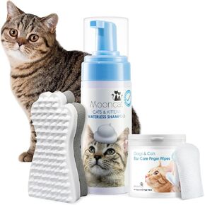 Mooncat Cat Grooming Bundle-شامبو رغوة بدون شطف مع فرشاة (5 أوقية) + مناديل إصبع الأذن Cat (40Ct) | لعق آمن ، خالي من البارابين ، تقليل ودرجة الحموضة متوازنة | الأذن العميقة ث