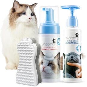 Mooncat Cat Skin & Coat Care Bundle – Waterless Cat Shampoo with Grooming Brush (5oz) + Chin Acne Treatment Lotion for Cats & Kittens (150ml) | No-Rinse Foam Bath for Longhair Cats, Sensitive Skin Gro