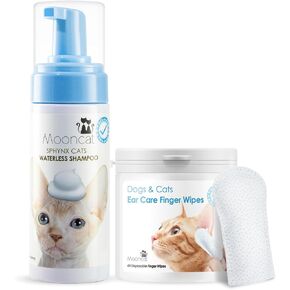 Mooncat Sphynx & Sensitive Cat Grooming Bundle – Waterless No-Rinse Cat Shampoo Foam for Oily Skin (5oz) + Cat Ear Cleaner Finger Wipes (40ct) | Licking Safe, Oil Control, Paraben-Free, pH Balanced |