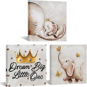 Visual Art Decor 3 Pieces Cute Little Elephant Dream Big Painting Canvas Wall Art Prints Animal Picture for Kids Bedroom Nursery Room Artwork,Framed 12inx12inx3Pieces