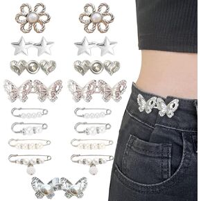 16 Set Pant Waist Tightener, Adjustable Butterfly Pins for Loose Jeans, Reusable Waist Adjuster for Pants Women, Silver Metal, Cap, Flat, Dome, Trapezoid Styles