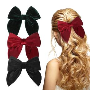 3 Pcs Large Christmas Fable Hair Bows, Handmade Fall Velvet Hair Bows, 5.31inch Large Velvet Ribbon Alligator Hairpins, Christmas Hair Accessories for Little Girls (Red,Black,Green)