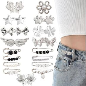 Pant Waist Tightener, 8 Styles Adjustable Silvery Buttons Pins for Loose Jeans Reusable Waist Tightener for Pants Women Metal Butterfly Brooch for Clothing Dresses Skirts