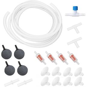 طقم ملحقات مضخة Aquarium Air Pump مع أنابيب قياسية ، أحجار الهواء ، فحص الصمامات ، أكواب الشفط والموصلات. (10 أقدام أنابيب/2 حجر الهواء)
