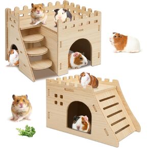 2 Pack Hamster Houses and Hideouts, Easy to Assemble Wooden Hamster Castle Small Animal House Bed with Stairs