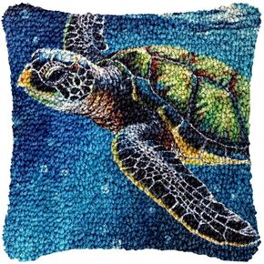 Sea Turtle Latch Hook Pillow Cover Kits for DIY Handmade Throw Pillow Cross Stitch Latch Hook Pillowcase Rug Kits with Preprinted Color Pattern Canvas Crochet Yarn Kits 17''X 17''(m100)