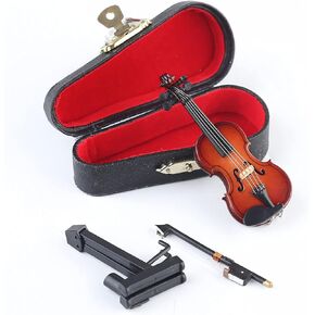 Wooden Miniature Violin with Stand, Bow and Case Mini Musical Instrument Violin Replica Collectible Figurines Dollhouse Accessories Model Home Decoration Display Ornament (3.15"x1.18"x0.59")