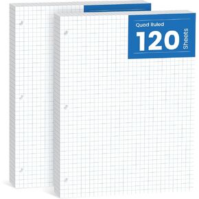 Graph Paper Loose Leaf, 120 Sheets, Binder Paper 8 x 10.5 in, 4x4 Quad Ruled Notebook Filler Papers Bulk 8 x 10-1/2 for Binder, 3-Hole Punched Graphing Pads for Engineering Sketching Notes
