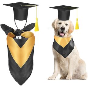 2 Pcs Dog Graduation Cap and Bandana Costumes with Tassels 2025 Dog Cat Graduation Hat Scarf Gown Adjustable Washable Grad Outfits Gifts for Medium Small Pet Supply(Black,Large)