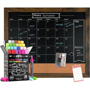 Loddie Doddie 18x24 Rustic Framed Chalkboard Calendar and Bulletin Combo Calendar with Cork Board. 24ct Color Collection of Chalk Markers Perfect for Organizing Your Space