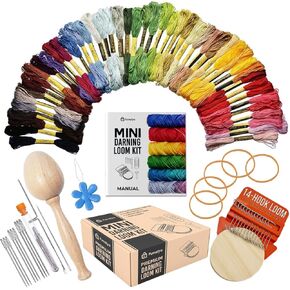 مجموعة Funalya Mini Loom & Darning مع 14 خطافًا ، 10 إبر حياكة ، 50 لونًا مؤشرًا ، أداة لإصلاح جورب DIY ، مجموعة كاملة من الأفق و Sarning مع دليل (Orange)