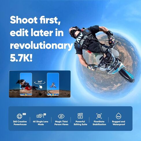 Insta360 X3 Bullet Time Kit - 360 Action Camera with 5.7K 360 Active HDR Video, 4K Single-Lens Camera, Waterproof, FlowState Stabilization, 2.29" Touchscreen, AI Editing, for Motorcycle, Wintersports in Saudi Arabia