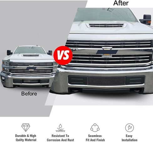 APS متوافق مع Chevy Silverado 2500 HD 3500 HD 2015-2019 المصد السفلي من الفولاذ المقاوم للصدأ شبكة مقطوعة بالليزر باللون الأسود مع مسامير مسمارية وإدراج شبكة LED CL6319L in Saudi Arabia