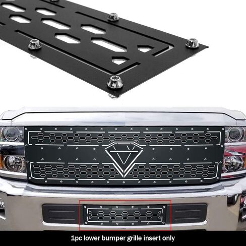 APS متوافق مع Chevy Silverado 2500 HD 3500 HD 2015-2019 المصد السفلي من الفولاذ المقاوم للصدأ شبكة مقطوعة بالليزر باللون الأسود مع مسامير مسمارية وإدراج شبكة LED CL6319L in Saudi Arabia