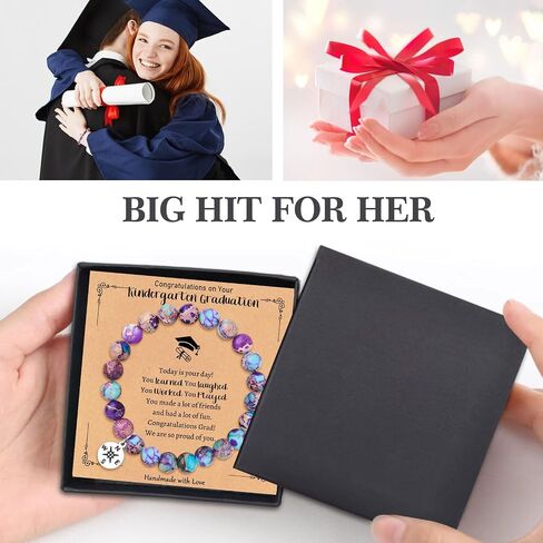 Kindergarten Graduation Gifts – Elegant Imperial Jasper Bracelet with Compass Charm, Perfect for Girls Class of 2025, Stretchable Design, Includes Funny Graduation Box & Bless Card in Kuwait
