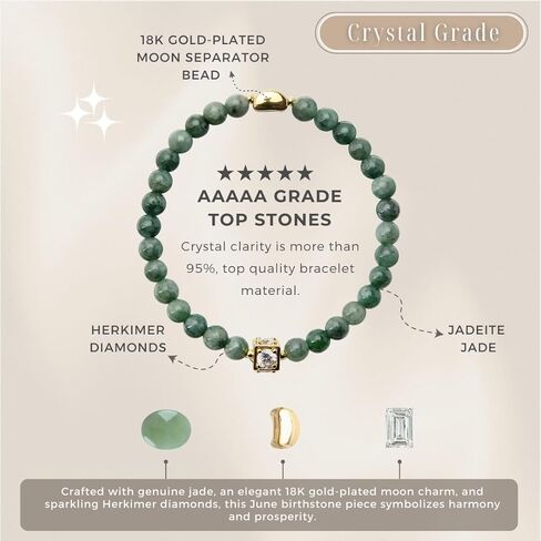 سوار Jade Bangle للنساء - كارما جيدة وسوار الحظ مع حبة فاصل القمر المطلية بالذهب 18K - الوئام والازدهار - Jadeite Jood June Birthstonet (6 مم حبات اليشم الحقيقية) in Kuwait