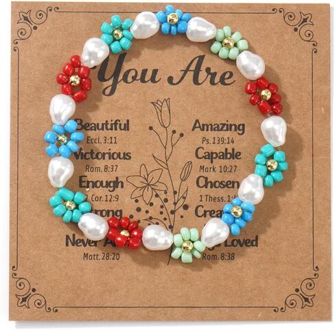 Cute Flower Pearl Beaded Stretch Bracelet for Women,Handmade Boho Colorful Flower Bracelet Statement Summer Jewelry Birthday Gift Friendship in Kuwait